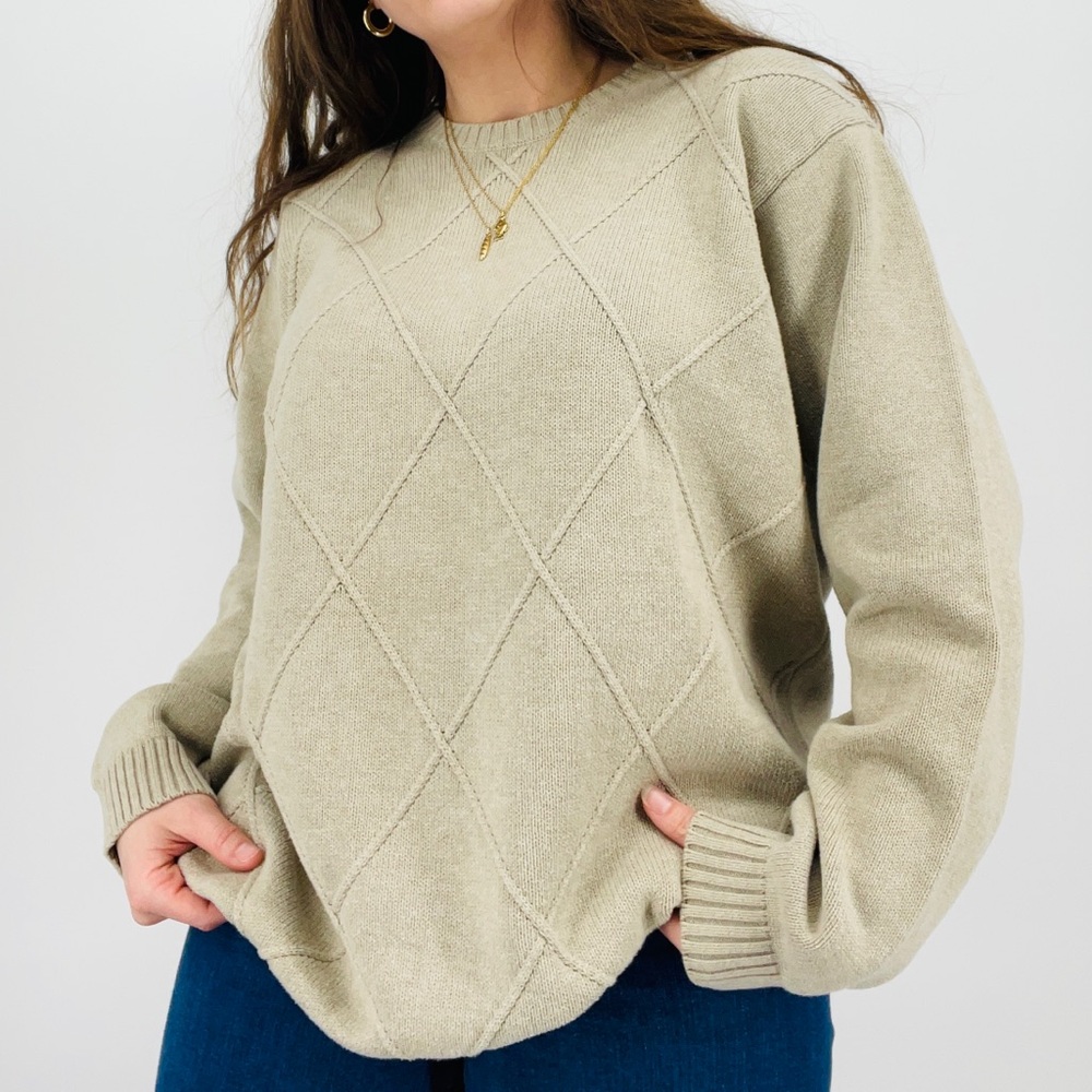 vintage oatmeal minimalist neutral oversized argyle textured crewneck sweater L